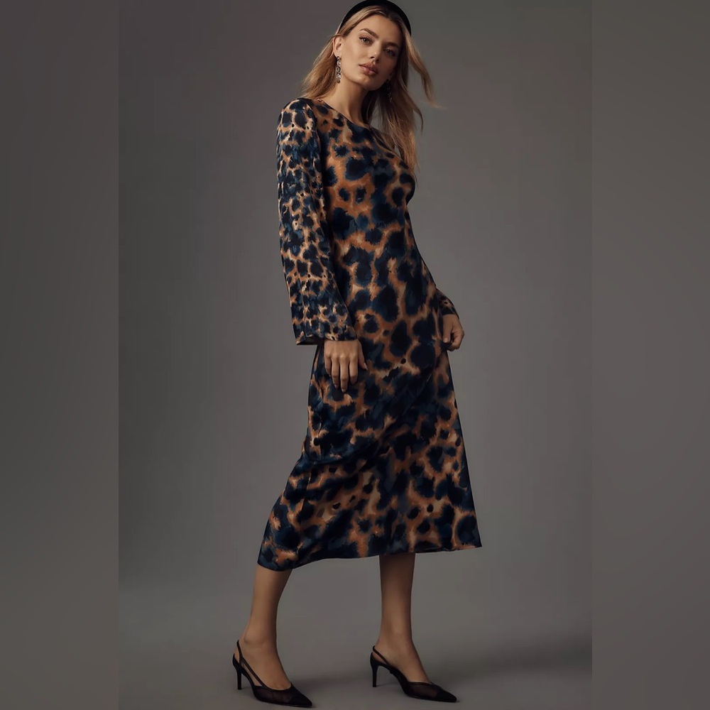 Anthropologie Leopard Print Long Sleeve Midi Dress XXS NWT
